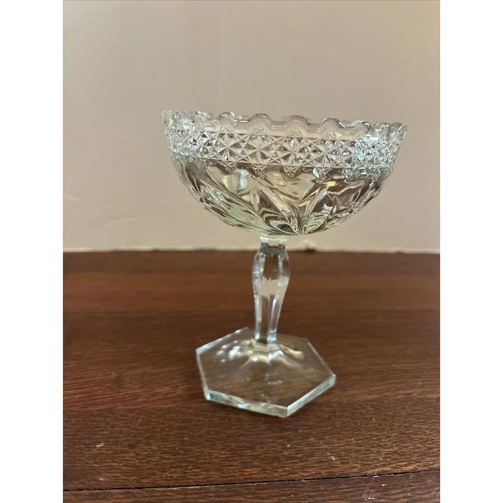 Vintage Clear Cut Crystal Compote Glass Pedestal Candy Trinket Dish Daisy Flower